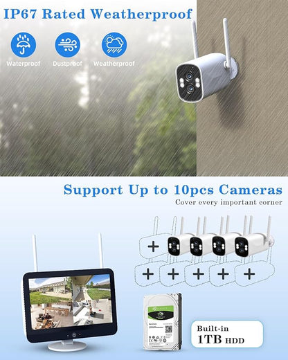 ZHXINSD [Dual Lens 2K+2K&10X Zoom] Home Wireless Security Camera System with 12.5" LCD Monitor Outdoor, 10CH Kit 4PCS House WiFi Camera 1TB HDD