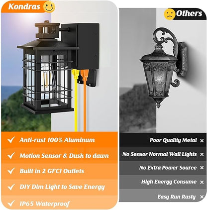 Kondras Motion Sensor Porch Light with GFCI Outlets, 11.4'' Dusk to Dawn Outdoor Wall Light Black, 3 Modes Front Door Exterior Light Fixture Waterproof Outside Light Wall Mount for House Garage