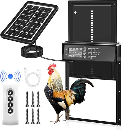 Sakerplus Automatic Chicken Coop Door Solar Powered, Automatic Chicken Door with Timer, Light Sensor, 4 Modes and LCD Display, Aluminum Alloy Auto Chicken Door, Anti-Pinch & Weather Proof