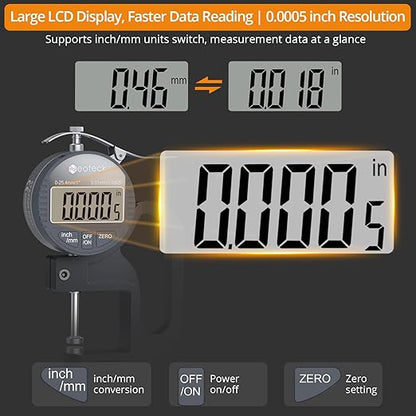 Neoteck Digital Thickness Gauge 1inch/25.4mm,0.0005inch/0.01mm LCD Display with Inch/MM Conversion One-Hand Quick Press Thickness Measuring Tool for Leather Paper Fabric Film etc.-Silver-Grey