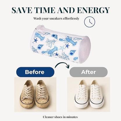 Shoe Washing Machine Bags (2-Pack) with Sneaker Brush – Deep Clean & Protection Thick Chenille Shoe Laundry Bags for Sneakers, Tennis & Casual Shoes, Travel & Storage | Ocean Print | Bluehome