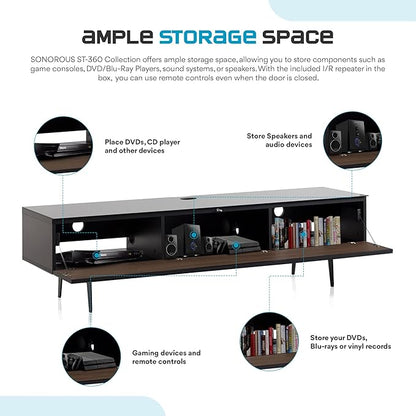 SONOROUS ST-360 Premium TV Stand for Living Room – Modern TV Stands & Entertainment Center with Storage – Black Glass & Walnut Wood Cover – Luxury Media Console with Metal Legs for TVs up to 75 inches
