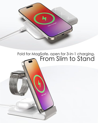 3 in 1 Charging Station for Multiple Devices,Travel Wireless Charging Station, Foldable Charger for iPhone 17 Air 16 15 14 13 12 Series,& Android Phone,& iWatch (USB-C Adapter Included)
