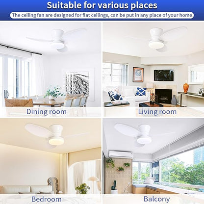 Glowall Small Ceiling Fan with Lights, 32 Inch Flush Mount with Remote Control, Reversible Quiet DC Motor, White, 3 Blades, 6 Speeds, Dimmable LED, Adjustable Color Temperature, Timer
