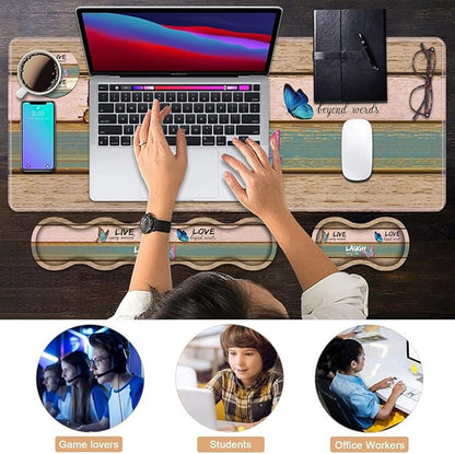 Ergonomic Keyboard Wrist Rest & Mouse Pad Wrist Rest Set, Large XXL Gaming Desk Mat 31.5"x 11.8" with Memory Foam, Easy Typing Pain Relief for Office & Home, Vintage Wood Board Live Laugh Love