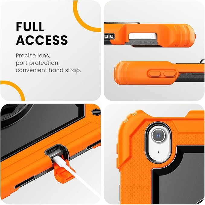 timecity Case for iPad Air 11 Inch M3/ M2 (2025/2024), 360° Rotating Stand, Pencil Holder & Wireless Charging, Shockproof with Screen Protector & Shoulder Strap - for Designers, Orange