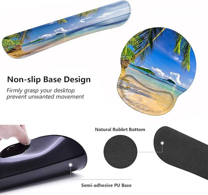 Keyboard Wrist Rest and Mouse Pad Wrist Support Set with Coasters, Non-Slip PU Base Ergonomic Gaming Mousepad for Home Office Working Studying Easy Typing & Pain Relief, Shore Palms Tropical Beach