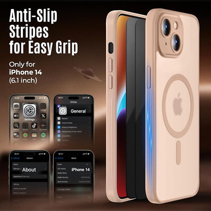 Designed for iPhone 14 Case, Compatible with MagSafe, with Privacy Screen Protectors X2, [Camera Protection] [15FT Military Drop Protection] Shockproof Phone Case, 6.1", Light Brown