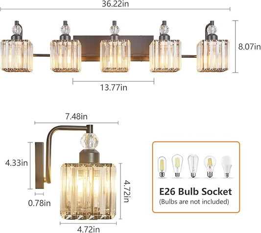 BBLLWJ 5 Light Bathroom Vanity Light Modern Black Vanity Light Fixtures Bathroom Light Fixtures Over Mirror Crystal Vanity Lighting Fixtures