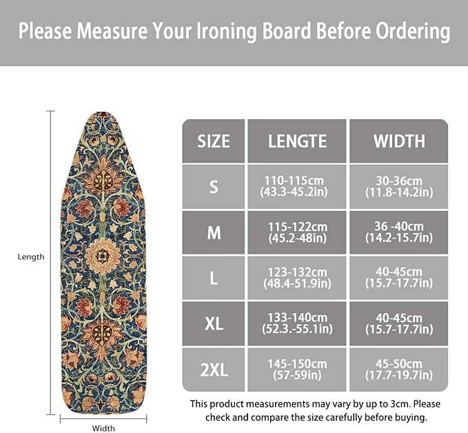 ZCFYGDX Vintage Flower Print 15 x 54 Ironing Board Covers Nylon Buckle Straps Fasteners & Elastic Edge Stain Resistant Breathable,Suitable for Multi-Size Iron Board Relaxing Ironing Experience