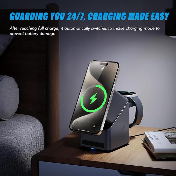 4-in-1 Charging Station Compatible with Magsafe, 15W Fast Wireless Charger Stand with LED Clock, Adjustable Metel Phone Stand for iPhone 16/15/14/13/12 Series, Apple Watch, AirPods