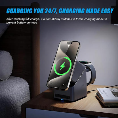 4-in-1 Charging Station Compatible with Magsafe, 15W Fast Wireless Charger Stand with LED Clock, Adjustable Metel Phone Stand for iPhone 16/15/14/13/12 Series, Apple Watch, AirPods