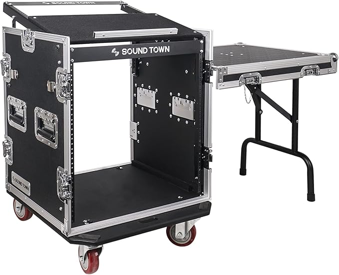 Sound Town Enhanced 1/2" (12mm) Plywood 12U PA DJ Rack/Road Case with 11U Slant Mixer Top, 20’’ Rackable Depth, DJ Work Table and Casters, 12-Space ATA Case, Pro Tour Grade (STMR-S12UWT)