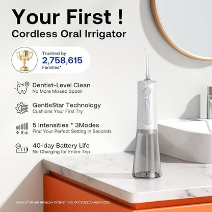 Bitvae Water Dental Flosser for Teeth, Rechargeable Water Teeth Cleaner Picks, 3 Modes 5 Intensities, IPX7 Waterproof, Oral Irrigator USB Cordless Water Dental Picks for Cleaning - Frost White