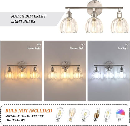 Shenmoyl Bathroom Light Fixtures, 3-Light Vanity Wall Light Over Mirror with Clear Tulip Glass Shade for Bedroom Living Room (Bulb Not Included), Satin Nickel