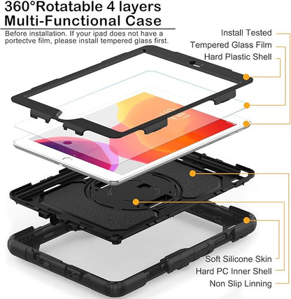BLOSOMEET Case for iPad 9th/8th/7th Generation 2021/2020/2019 10.2 Inch with Tempered Glass Screen Protector & Pencil Holder,Protective Kids iPad 10.2 Case Cover w/Stand Hand Shoulder Strap,Black