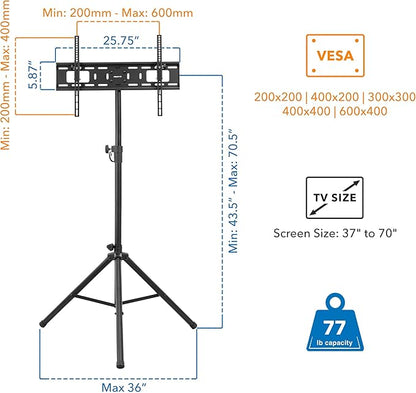 Mount-It! Tripod TV Stand – Portable TV Tripod for Flat Screens 32-70 Inch – Indoor/Outdoor Height Adjustable Stand, VESA 200x200 to 600x400, for LCD, LED, OLED, Curved TVs, Holds up to 77lbs