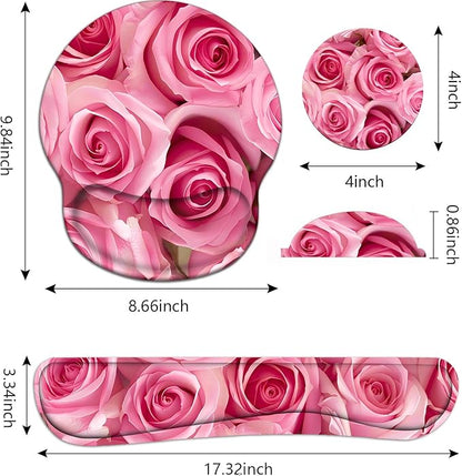 Keyboard Wrist Rest and Mouse Pad Wrist Support Set with Coasters, Non-Slip PU Base Ergonomic Gaming Mousepad for Home Office Working Studying Easy Typing & Pain Relief, Pink Roses