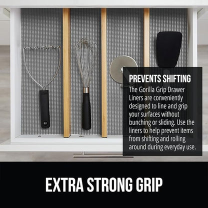 GORILLA GRIP powerGRIP Drawer Shelf and Cabinet Liner, Thick Strong Hold, Non-Adhesive Liners Protect Kitchen Cabinets and Cupboard, Bathroom Drawers, Easy Install, Breathable Mat, 17.5" x10', Gray