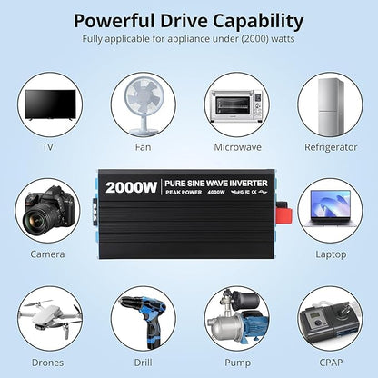 2000W Pure Sine Wave Inverter, 1 USB Port 5v/2.1a,LCD Display&Remote Controller for Home, RV, Truck