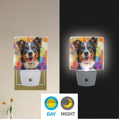 Pigsaly Led Night Light Colorful Australian Shepherds Dog Night Light Plug in Wall Lamp Smart Dusk to Dawn Sensor Nightlight Led Lamp Energy Saving Lights Gift for Kids Room Bedroom Bathroom Hallway
