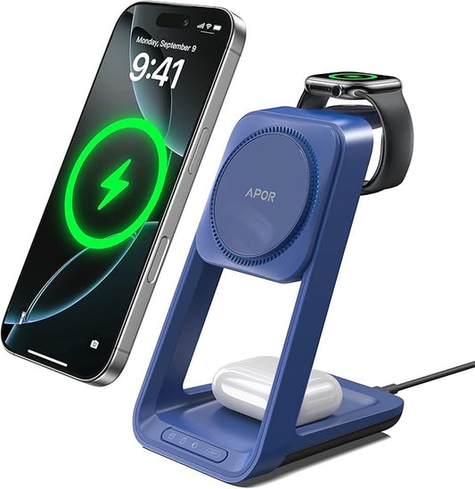 Apor 3 in 1 Charging Station for iPhone, Magsafe Wireless Charger with Cooling Fan for iPhone 17 16e 16 15 14 13 12 Series & Apple Watch Charger, Wireless Charging Station for AirPods 4/3/Pro (Blue)