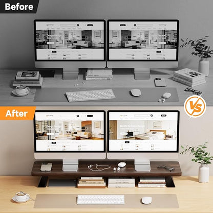 NestNeat Dual Monitor Stand Riser, 39 Inch Large Wood Monitor Stands for 2 Monitors, Desk Monitor Riser for Computer/Laptop/Printer/TV, Stand Riser up to 220 lbs