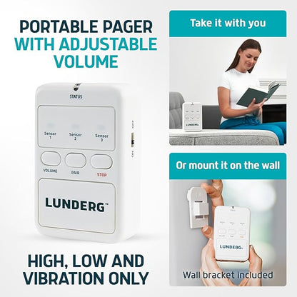 Lunderg Early Alert Bed Alarm for Elderly Adults - Wireless Sensor Pad & Pager - with Pre-Alert Smart Technology - Safety Bed Alarms and Fall Prevention for Elderly and Dementia Patients
