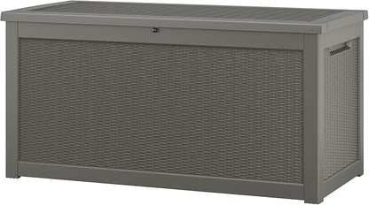 NUNU LAB Outdoor Storage Box, 320 Gallon Deck Box, Resin Waterproof Outside Storage Bench, Outdoor Storage Cabinet With Lockable Lid, Backyard Deck Box For Garden Tools, Patio Cushions, Grey