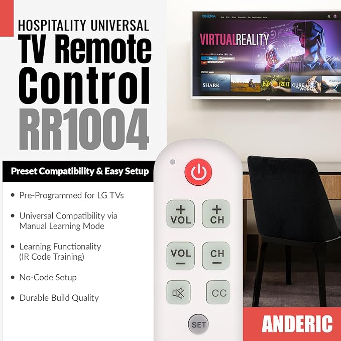 Anderic RR1004 Big Button TV Remote Control – Senior Friendly, Easy-to-use with Glow Keys, Simple Layout – Ideal for Elderly Care & Assisted Living – Compatible with Most IR TVs - White - 1 Pack