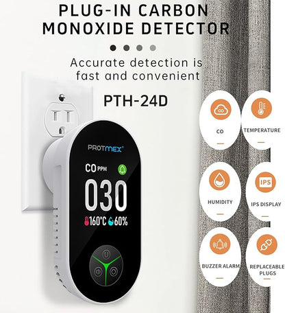 Protmex Carbon Monoxide Detector Plug in Wall, 3-in-1 Co Detector Monitor Air Quality with Temperature Humidity Sensor, Portable CO Meter Easy to Read & Install, for Home/Hotel/RV