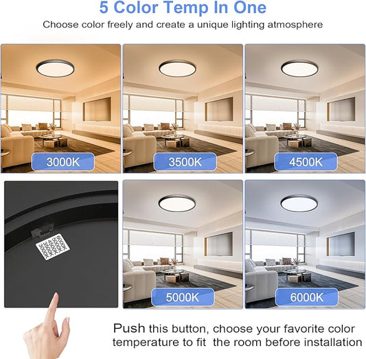 hunhun 6 Pack 16 Inch Dimmable LED Flush Mount Ceiling Light 4800LM Round Light Fixture 5 Color Temperature Selectable Large Flat Ceiling Lamp for Living Dining Room Black ETL Listed