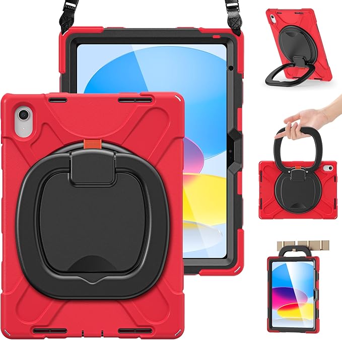 BRAECN Kids Case for iPad (A16) 11th/10th Generation 11”/10.9'' 2025/2022, Heavy Duty Rugged Silicone Cover w/Swivel Ring Stand/Stable Kickstand/Shoulder Strap/Pencil Holder/Screen Protector, Red