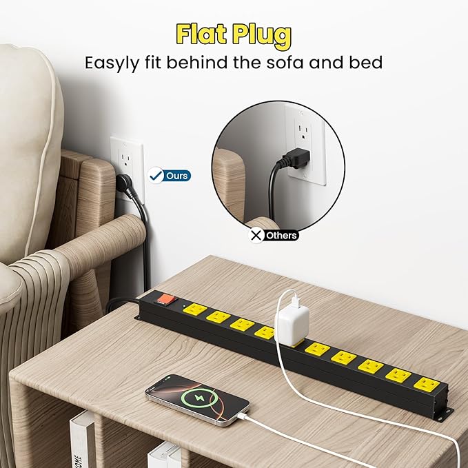 10 Outlet Metal Power Strip with 2100J Surge Protector, Heavy Duty 15FT Extension Cord, Wide Spaced Outlets and Wall Mount for Garage, Workshop, Industrial, Home (15ft)