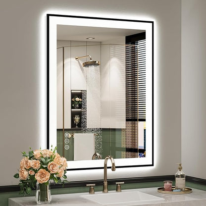 YEELAIT 28x36 Inch LED Bathroom Mirror with Lights (Front Lit and Backlit) Black Framed Lighted Vanity Mirror for Bathroom Wall Dimmable Anti-Fog Memory Tempered Glass Horizontal/Vertical