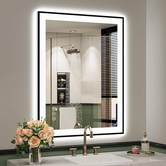 YEELAIT 28x36 Inch LED Bathroom Mirror with Lights (Front Lit and Backlit) Black Framed Lighted Vanity Mirror for Bathroom Wall Dimmable Anti-Fog Memory Tempered Glass Horizontal/Vertical
