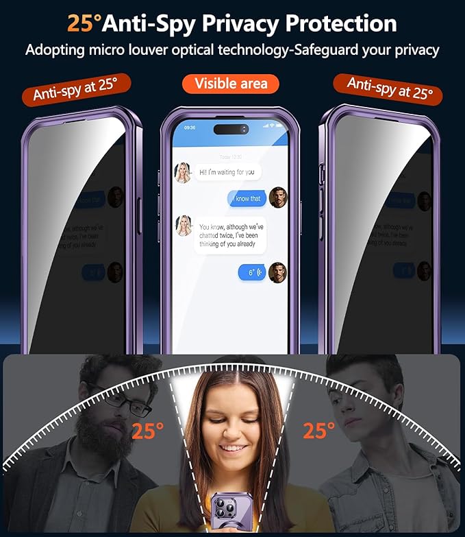 [360° Rotatable CD Stand & Built-in Privacy Screen Magnetic Case for iPhone 14 Pro [Compatible with MagSafe & Full Signal] Mil-Grade Shockproof Full Body Anti-Spy Cover for 14 Pro-Purple