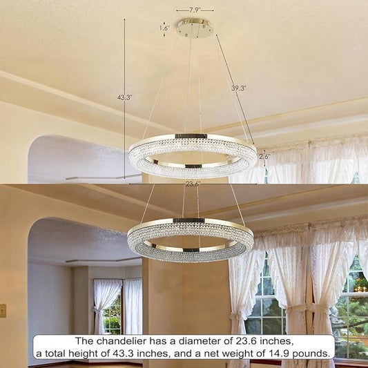 LYICYIU 23.6" Round Crysrtal Stainless Steel Pendant Lamp,3Color LED Dimmable Flush Mount Crystal Chandelier Light with Remote Control for Bedroom,Living Room, Island Entryway,Hallway Foyer (Hanging)