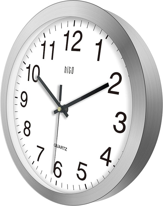 HITO 12 Inch Silent Wall Clock Battery Operated Non Ticking Glass Cover Silver Aluminum Frame, for Kitchen, Bedroom, Home Office, Living Room Decor