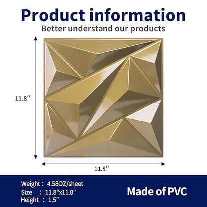 Art3dwallpanels 33 Pack 3D Wall Panel Diamond for Interior Wall Décor, PVC Textured Wall Panels, 12''x12'' Cover 32.Sq.Ft. Golden