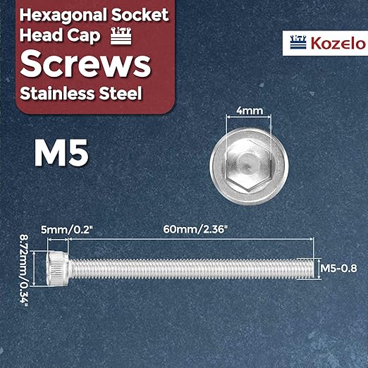 Kozelo 25pcs Socket Head Cap Screws - [M5-0.8 x 60mm] 304 Stainless Steel Allen Socket Drive for Electrical Motor 3D Printing Fan Engine Replacement Use, Silver