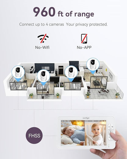 Comfyer 7" HD Split-Screen Baby Monitor with 2 1080P Cameras, 48 Hrs 6000mAh Battery Runs 2 Days in VOX Mode, No WiFi Monitor with a Flexible Bracket, 2 Way Audio, Remote PTZ, Auto Night Vision