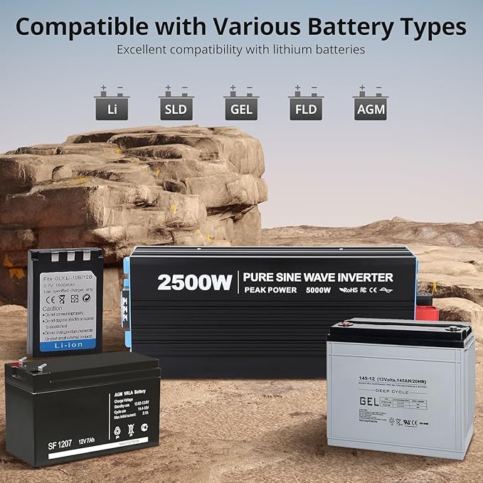 2500W Pure Sine Wave Inverter,1 USB Port 5v/3.4a,LCD Display&Remote Controller for Home, RV, Truck
