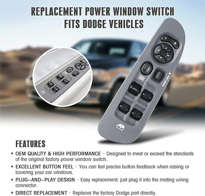 Master Power Window Switch and Bezel 56049805AB for 2002-2009 Dodge Ram 1500 2500 3500, 2001-2004 Dodge Dakota, 2001-2003 Dodge Durango,2005-2009 Dodge Sprinter 2500 3500 (Gray)
