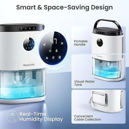 Dehumidifier for Home, 68 OZ Water Tank Dehumidifiers for Bathroom, Bedroom, Living room with, Auto Humidity Control, Digital Display, 7 Color Breathing Light, White