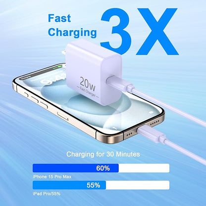 Matsusho 20W USB C Wall Charger Fast Charging Compatible for iPhone 16/16 Plus/16 Pro/16 Pro Max/15/15 Pro/15 Pro Max/15 Plus, 2 Pack iPhone 16 15 Charger Block with 10FT Type C Charging Cable, Purple