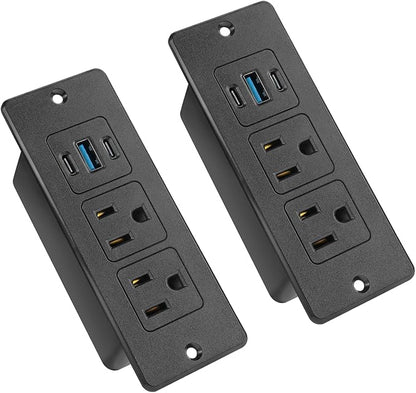 2 Pack Recessed Power Strips USB, 20W Fast Charging Furniture Outlets - 2 AC & 3 USB (2 USB-C + 1 USB-A) for Desk, Bedside, Drawer - Space-Saving, 6FT Cord, Black