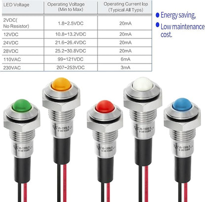 ZGSZJHF UL Listed Mini Indicator Light 8mm 0.31" Waterproof Domed Metal Stainless Steel Signal Lamp 12V-24V DC/AC Red and Green LED Light with 140mm Wire