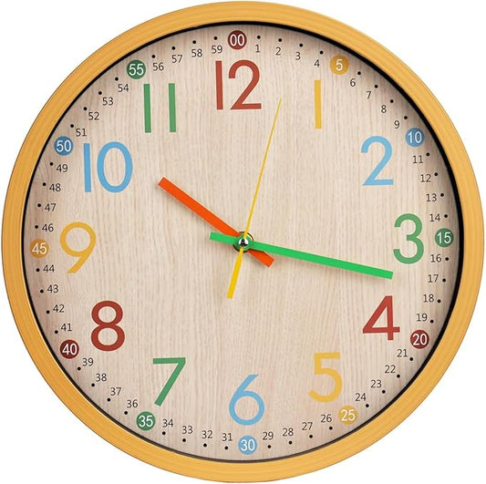 bakbrand Kids Wall Clock Silent Non-Ticking Colorful Childrens Clock Round Decorative Wall Clocks for Classroom, School, Office, Bedroom, Living Room, Kitchen (Oak, 12 inch)