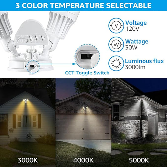 LEONLITE 3CCT LED Security Light, Motion Sensor Outdoor Lights, Dusk to Dawn, ETL Listed, Adjustable Heads, 3000K4000K5000K Selectable, Motion Detector Flood Light for Outside, IP65 Waterproof, White